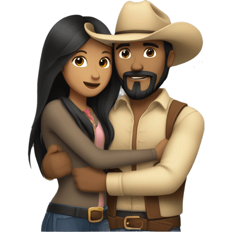 Girl with light brown skin and long black straight hair hugging a man with tan skin and a cowboy hat that has a black beard and mustache.  emoji