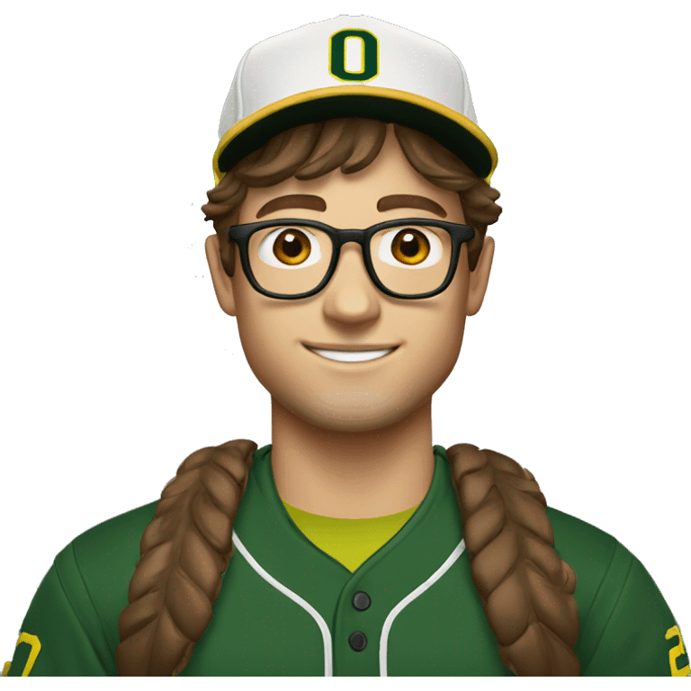 jeremy allen white with brown hair, glasses, and a university of Oregon baseball hat  emoji