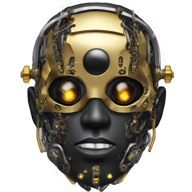 black metal male cyborg head with  one artificial eyeball, circuitry, goatee and dreaded yellow gold hair emoji