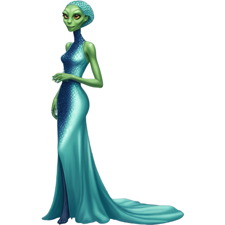 reptilian green alien woman, in long slim pastel blue formal party satin dress with gradient shiny sparkling navy blue diamonds embroidered, full body full figure emoji