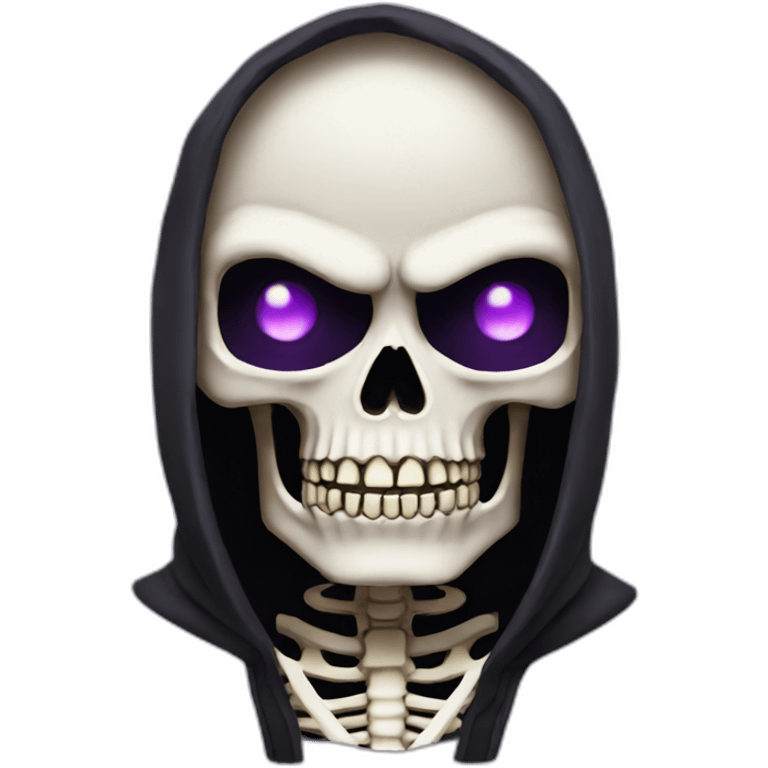 A skeleton in a black hood, purple eyes, angry emoji