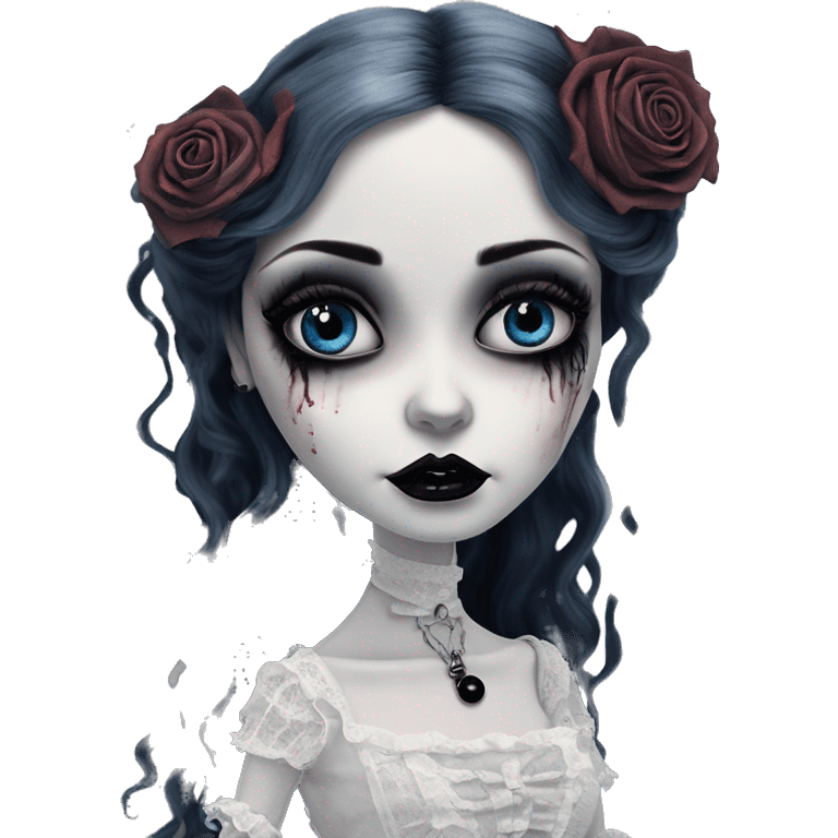 full height tim burton corpse bride, porcelain doll with a cracked face, goth makeup watery huge eyes, long hair, lace and ruffles, lolita style, inked, black and white, red roses emoji