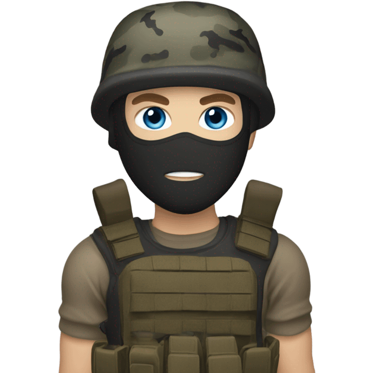 White male, call of duty black mask, camo tactical gear, tan combat boots, black beanie, blue eyes emoji