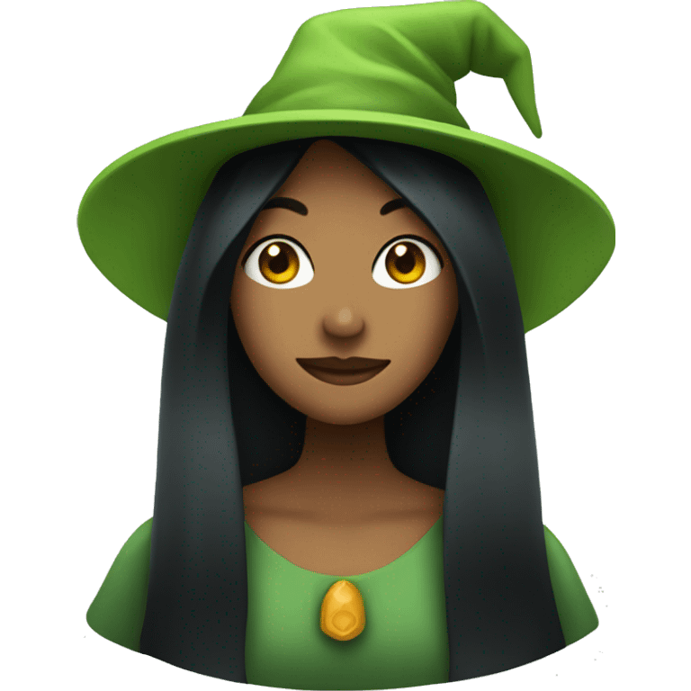 green woman with black hair and a witch cap emoji