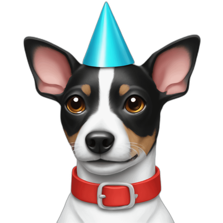 black and white rat terrier wearing red collar and party hat emoji