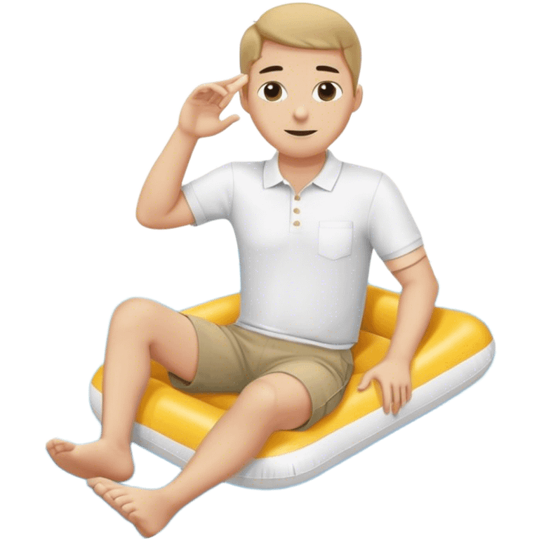 Pool attendant. white polo shirt. khaki shorts. black. sitting on a swimming pool float emoji