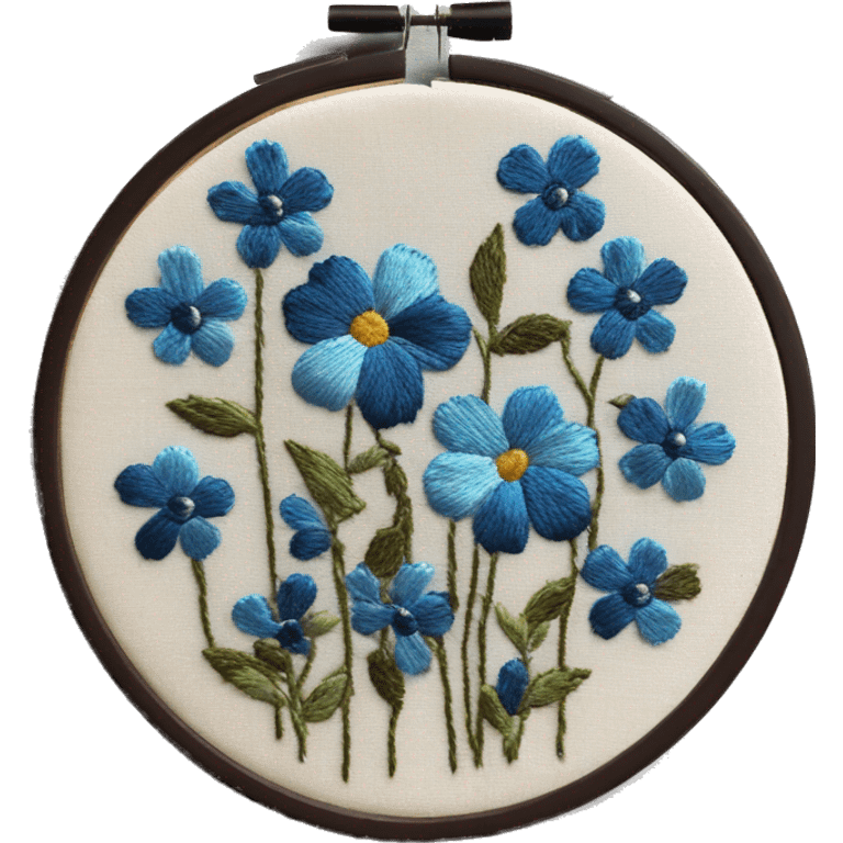 Vintage embroidery hoop with blue flowers embroidered and dark brown embroidery hoop border emoji