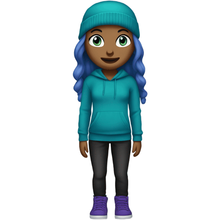 White girl, blue eyes, long teal hair, purple beanie hat, black hoodie, blue jeans, black shoes emoji