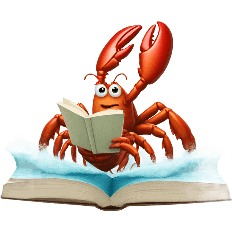 A very large lobster reading fine literature while surfing on a huge wave with and working out  emoji