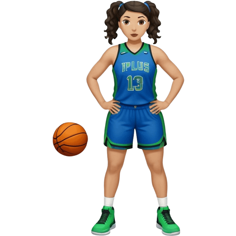 full body plus size light skin  latino women basketball player with wavy dark hair in pony tail wide nose wearing blue uniform with green accent emoji