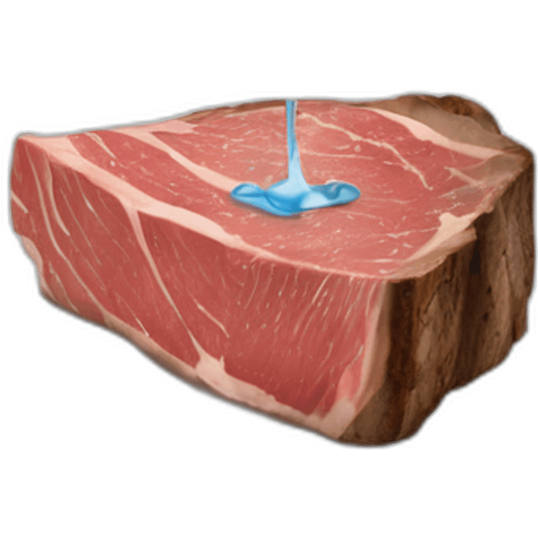 glass of water suspended horizontally in the air above a slice of rare steak on a plate, the water pouring out onto the top of the steak emoji