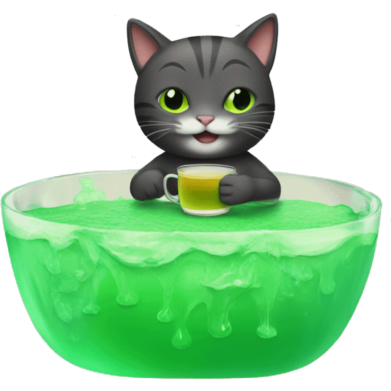 cat drinking tea while surfing in green jello emoji