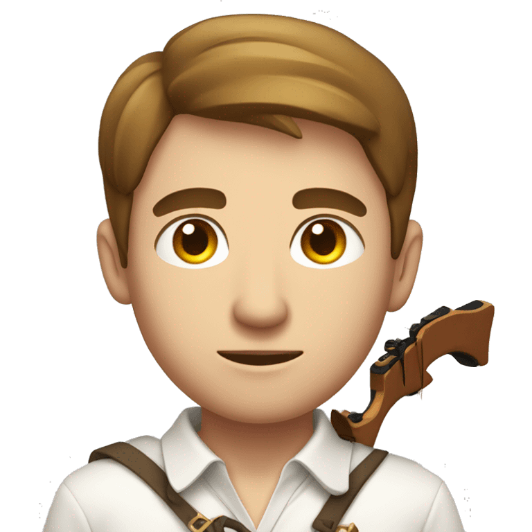 a male, aiming with a bow, facing  his target, eyes closed, wearing a white shirt, very short brown hair, bright skin, only show upper part of the body from waist up emoji