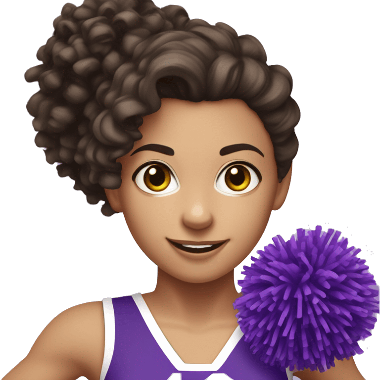 Caucasian cheerleader with dark brown curly hair, holding up purple Pom-poms emoji