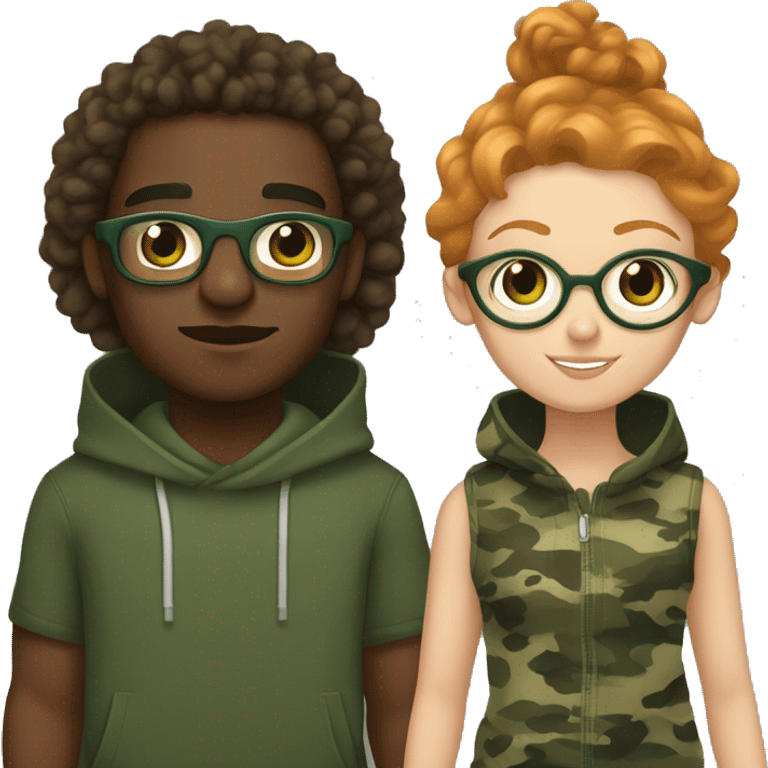 Black man with a camouflage hoodie, curly brown hair and brown eyes, holding hands with a ginger girl with straight hair, gold wire rim glasses and green eyes emoji