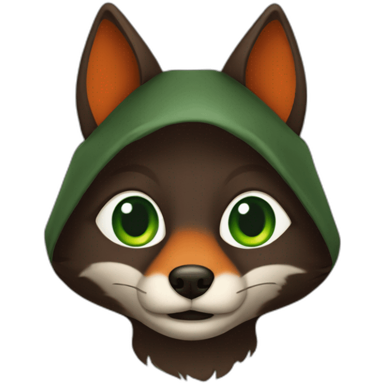 a small dark brown fox with orange eyes with a dark green hood emoji