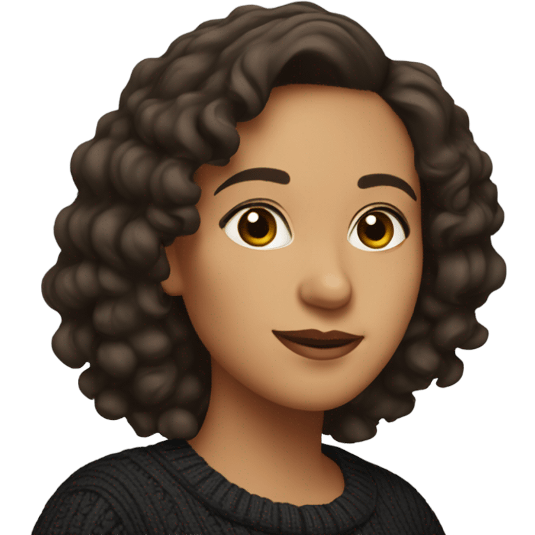 Hispanic woman in 40’s curly hair shoulder length big eyes black sweater emoji