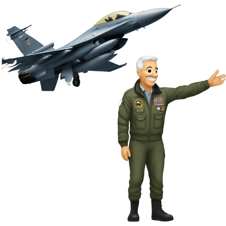 Old fighter pilot standing by F-16 with new year streamers falling from the aky emoji