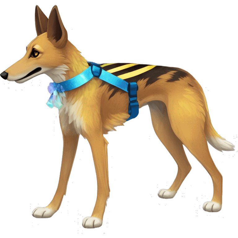  brindle brown black maroon striped lurcher Alsatian fox running blue eyes and iridescent holographic oilslick harness wearing paper iridescent tropical flower crown yellow caution tape emoji