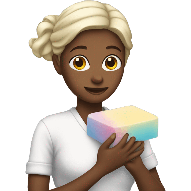 Woman holding soap emoji