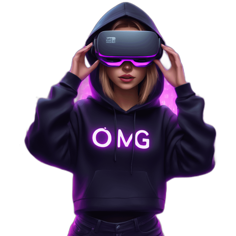 Russian girl wearing a black hoodie with "OMG" letters on it and VR headset in a cyberpunk VR environment with violet neon lighting. emoji