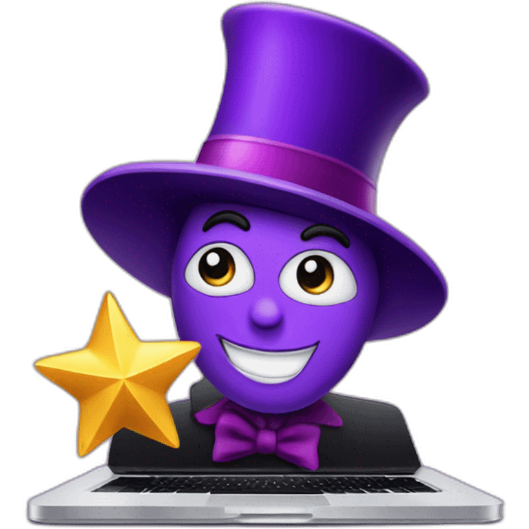 magician with a purple pointy magic hat with a star working on a macbook emoji