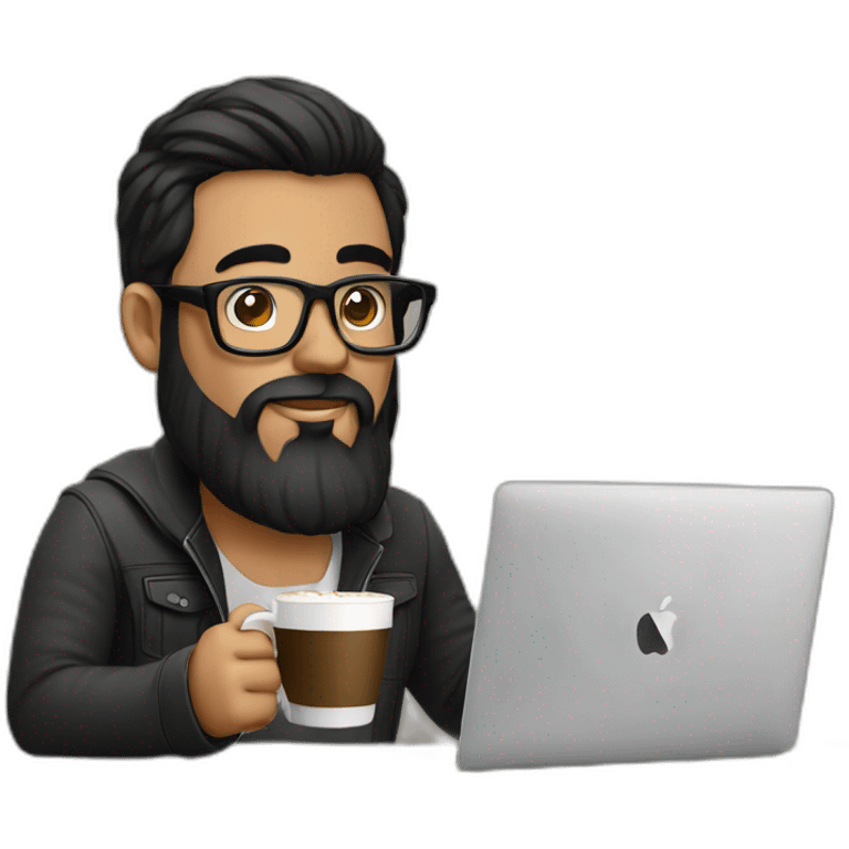 Designer with black hair, beard and glasses working with MacBook and drinking cappuccino  emoji