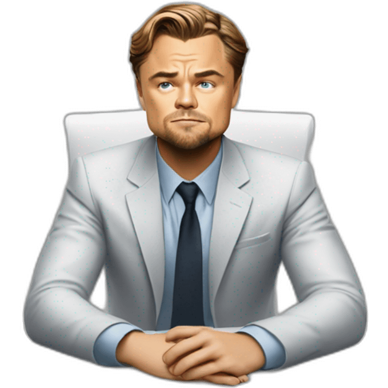 Leonardo DiCaprio sitting on the white table and trying to solve a problem in his business emoji