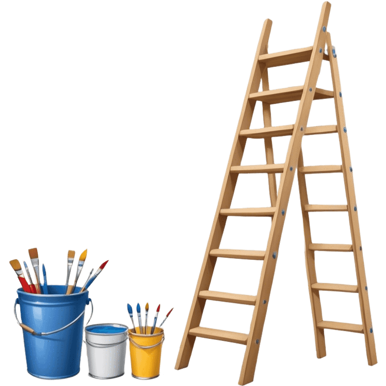 Wall painting icon, wall with an unfinished painting, no frame, a beautiful mural in progress, visible paintbrushes, rollers, and a bucket of paint, wooden ladder beside, minimalistic style, clean lines, transparent background. emoji