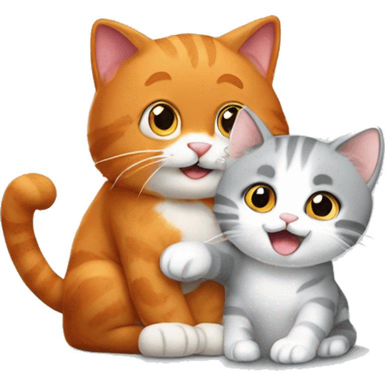 A big red cat playing with a small white-gray kitty emoji