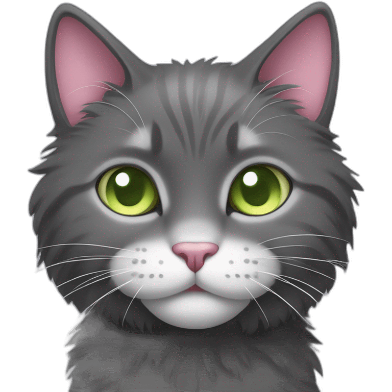 fluffy dark grey cat, short fur, pink ears, small ears, pink nose, light green eyes, white long whiskers, white spots near the nose, white breast, the cat's fur is soft. emoji