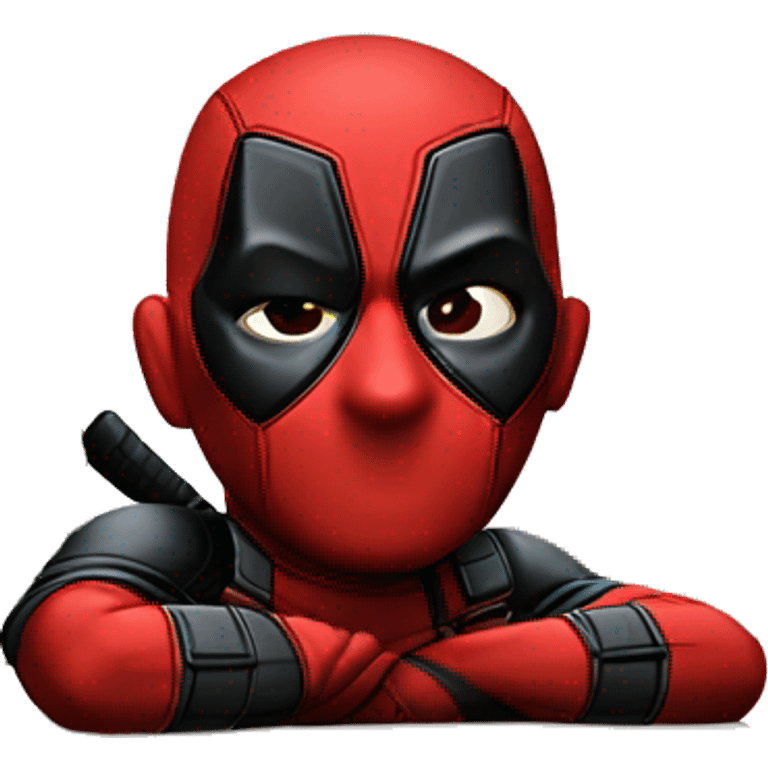 Cute Deadpool sitting at a desk, front view emoji