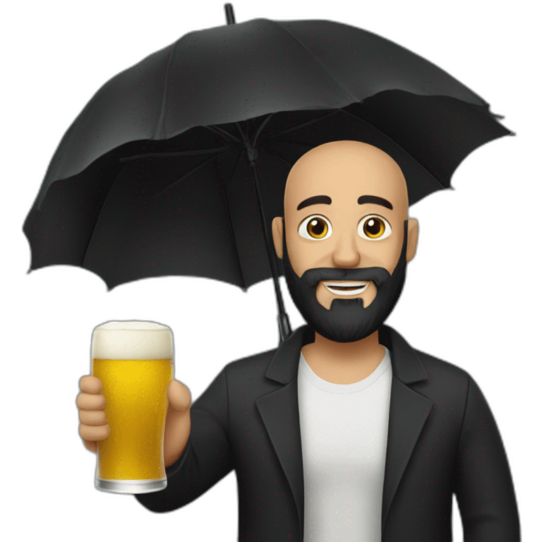 black bearded and a bit bald man holding a beer and a black umbrella emoji