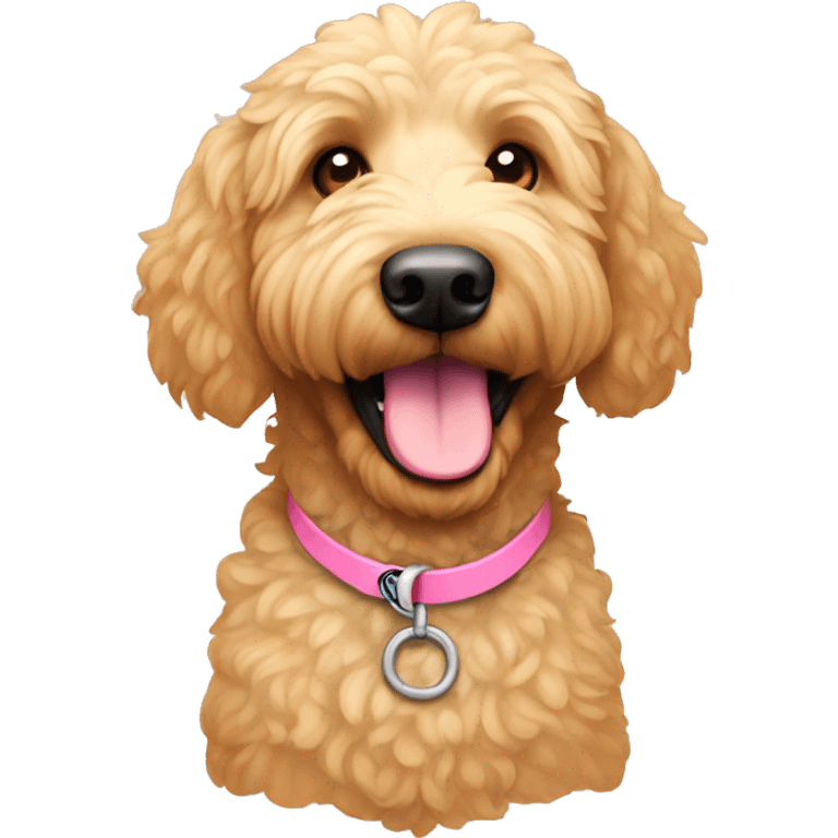 a light colored golden doodle with a pink coller emoji