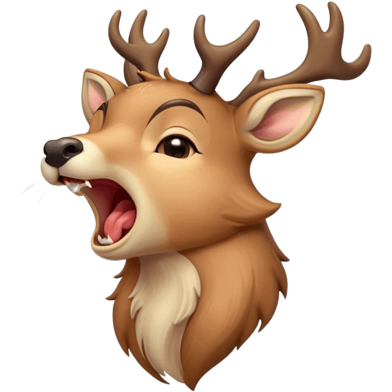 Cinematic Cute Yawning Deer Portrait Emoji, Head tilted slightly with a dramatic, wide-open yawn, revealing a soft, dappled Fur and elegantly drooping ears, eyes barely open in drowsy contentment, Simplified yet irresistibly adorable features, highly detailed, glowing with a soft, cozy glow, high shine, relaxed yet expressive, stylized with a touch of natural whimsy, bright and endearing, soft glowing outline, capturing the essence of a sleepy yet affectionate deer, so drowsy it feels like it could stretch right out of the screen and curl up for a nap! emoji