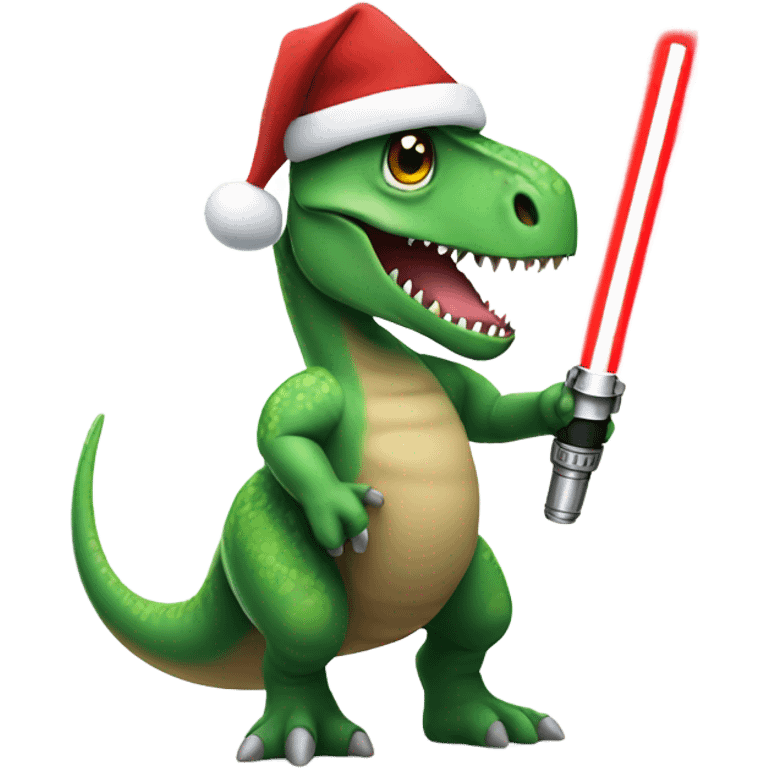 dinosaur holding a lightsaber wearing a santa hat emoji