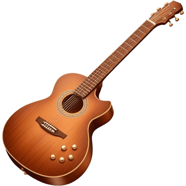 Cinematic Realistic Guitar, smooth mahogany body with intricate wood grain, steel strings reflecting soft light, gentle hand positioning on the fretboard, glowing with warmth and musical soul. emoji