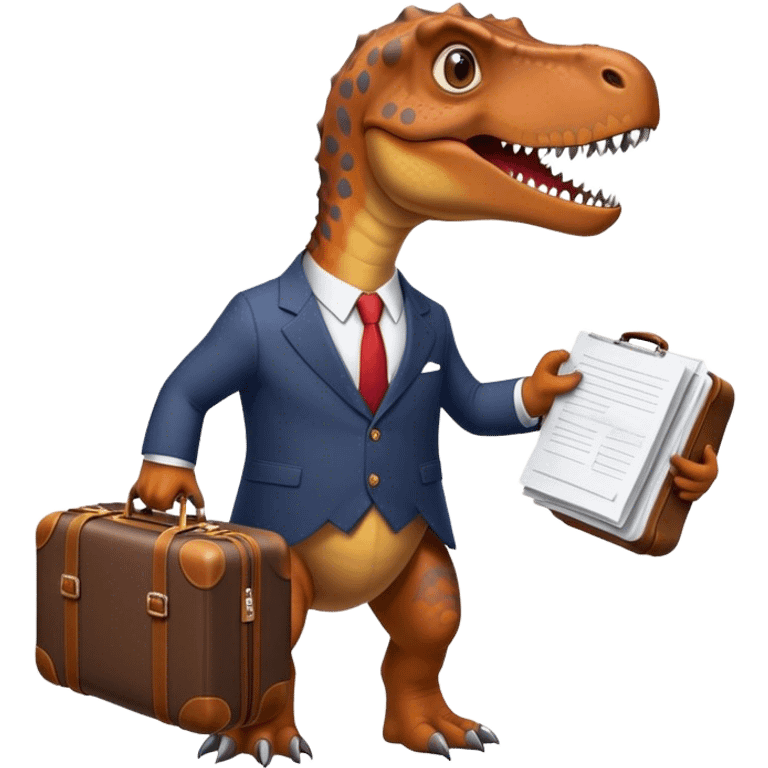 office Dinosaur in a suit, a huge luggage full of papers, trip emoji