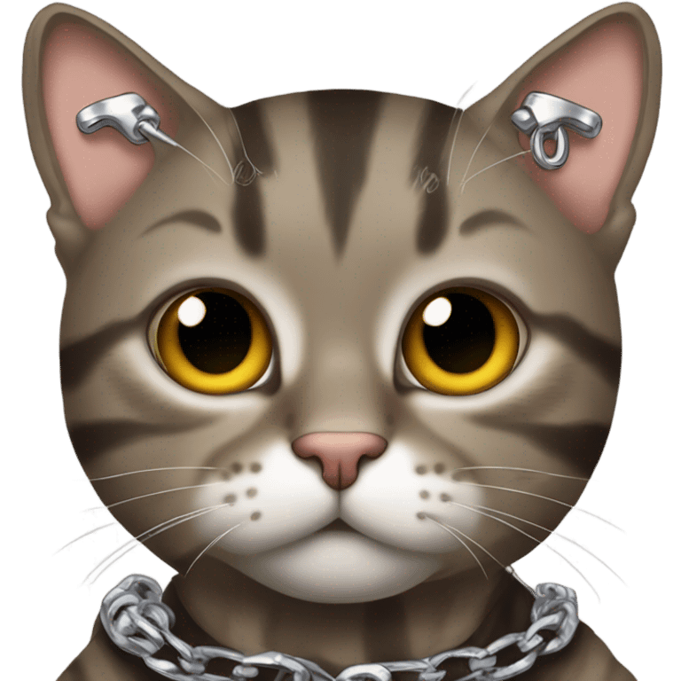 Brown tabby cat with an emo band shirt and a silver chains emoji