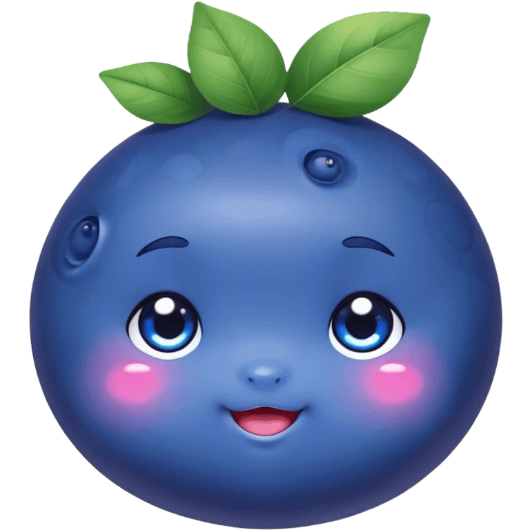 Cute Kawaii Blueberry, small and chubby, deep blue-purple with a tiny leafy crown, bright sparkling eyes, a soft round body, cute blushing cheeks, full of berry sweetness! emoji