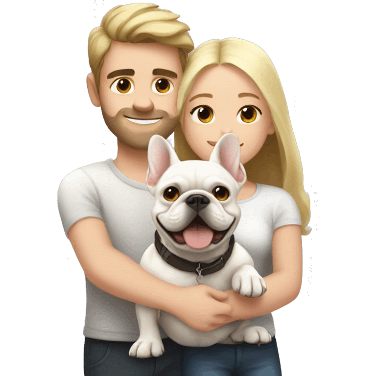 A dark-haired girl and a blonde guy hug a white French bulldog emoji