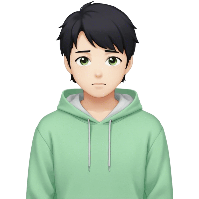 Gorgeous pastel green sweater black hair anime style shojo guy with blushing face and, hoodie, aesthetic, young adult, trending style, outside, vedal987 emoji