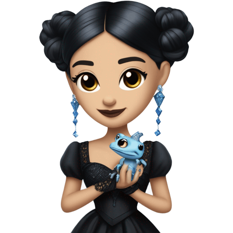 relaxed low-cut back silky black evening ball gown with lace gloves, Jenna Ortega as Wednesday Addams wearing a mini diamond tiara showing off a cute blue horned dragon ventriloquist puppet emoji