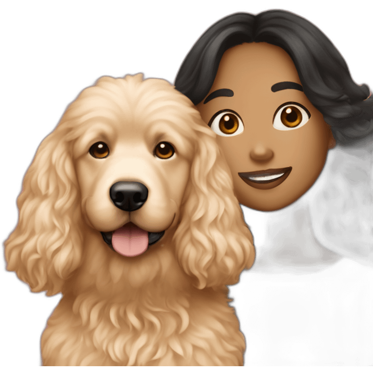 Girl with long black hair and light skin holding red goldendoodle emoji