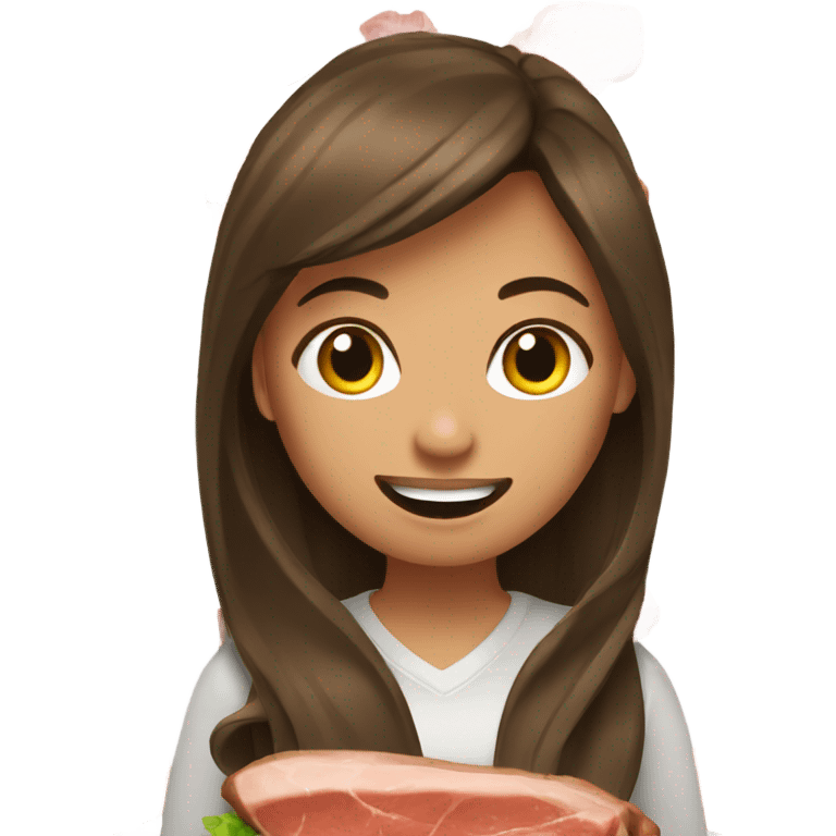 A tan girl with long brunette hair eating a bunch of steak emoji