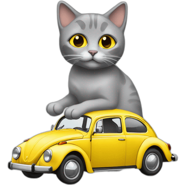 Grey cat sitting on yellow volkswagen beetle emoji