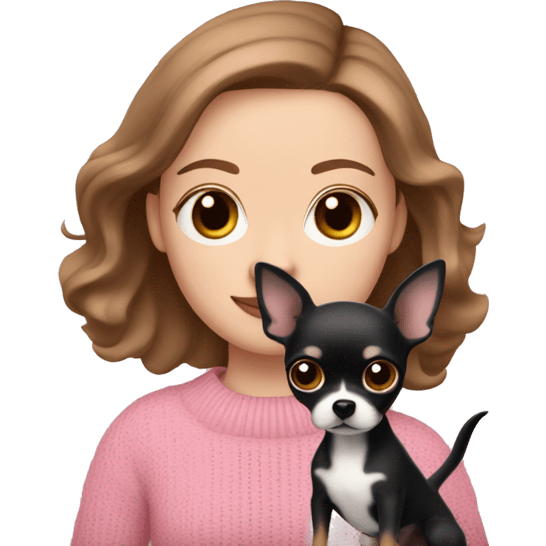 Pretty blue eyed white girl with brown hair in a pink sweater holding a black chihuahua  emoji