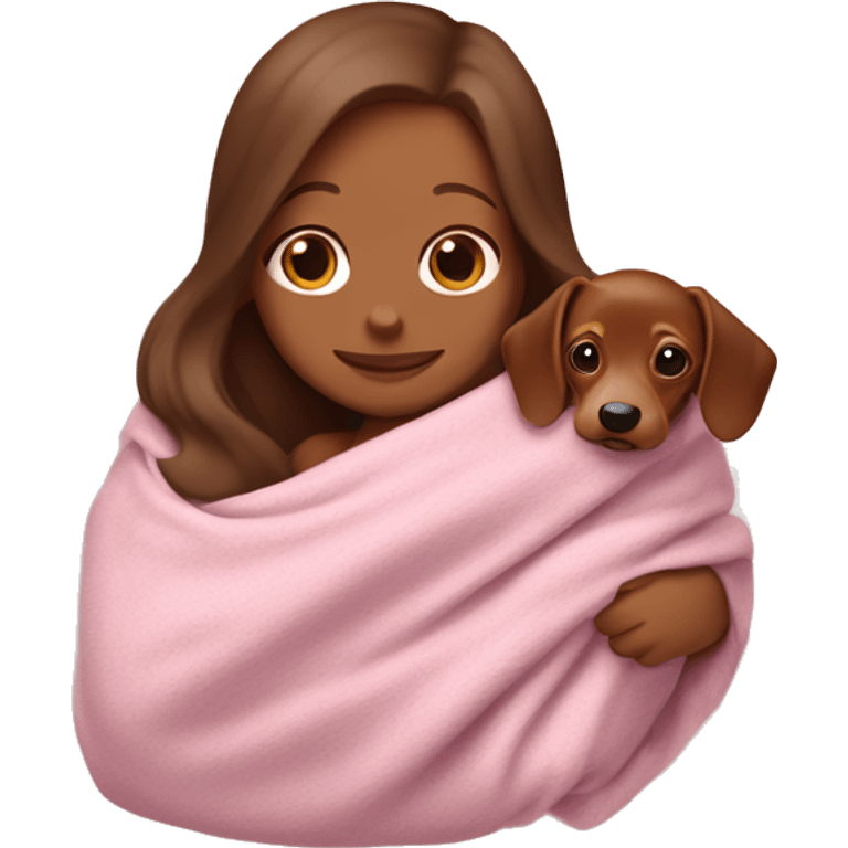 a white woman with long brown hair is cradling her puppy in a pink baby blanket. the puppy is a brown dachshund dog. the woman is smiling with mouth ajar. you can see the woman cradling the puppy like a baby from her waist up.  emoji