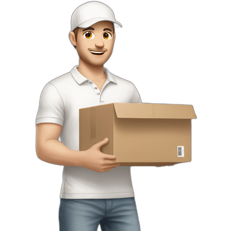 Pale skinned fit Man with dark brown hair in a white cap, gray jeans and beige polo T-shirt keeping a pasted box into his hands emoji