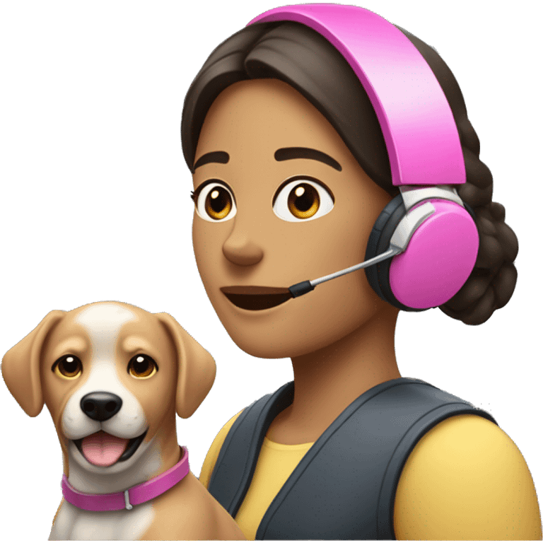 mujer con auriculares rosa y un perro emoji